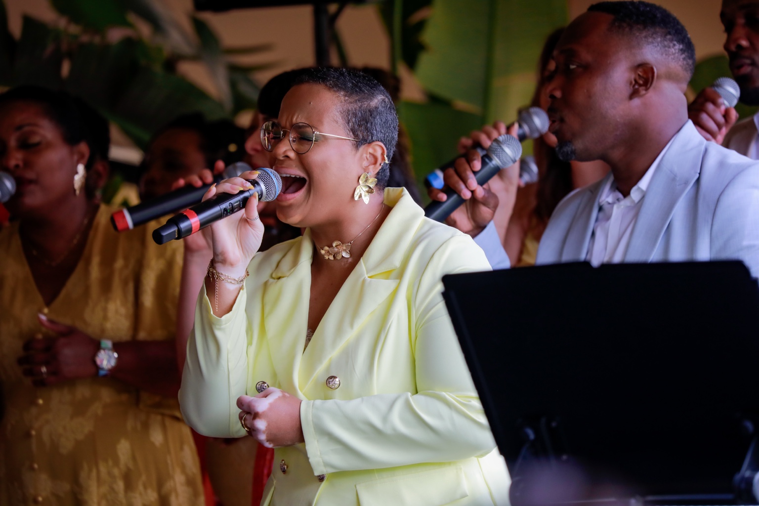 Les chanteurs au micro pendant le mariage de Marina et Anthony à Toulouse